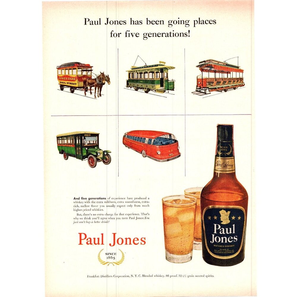 1952 Paul Jones Whiskey Vintage Print Ad 5 Generations Streetcar Bus Wall Art